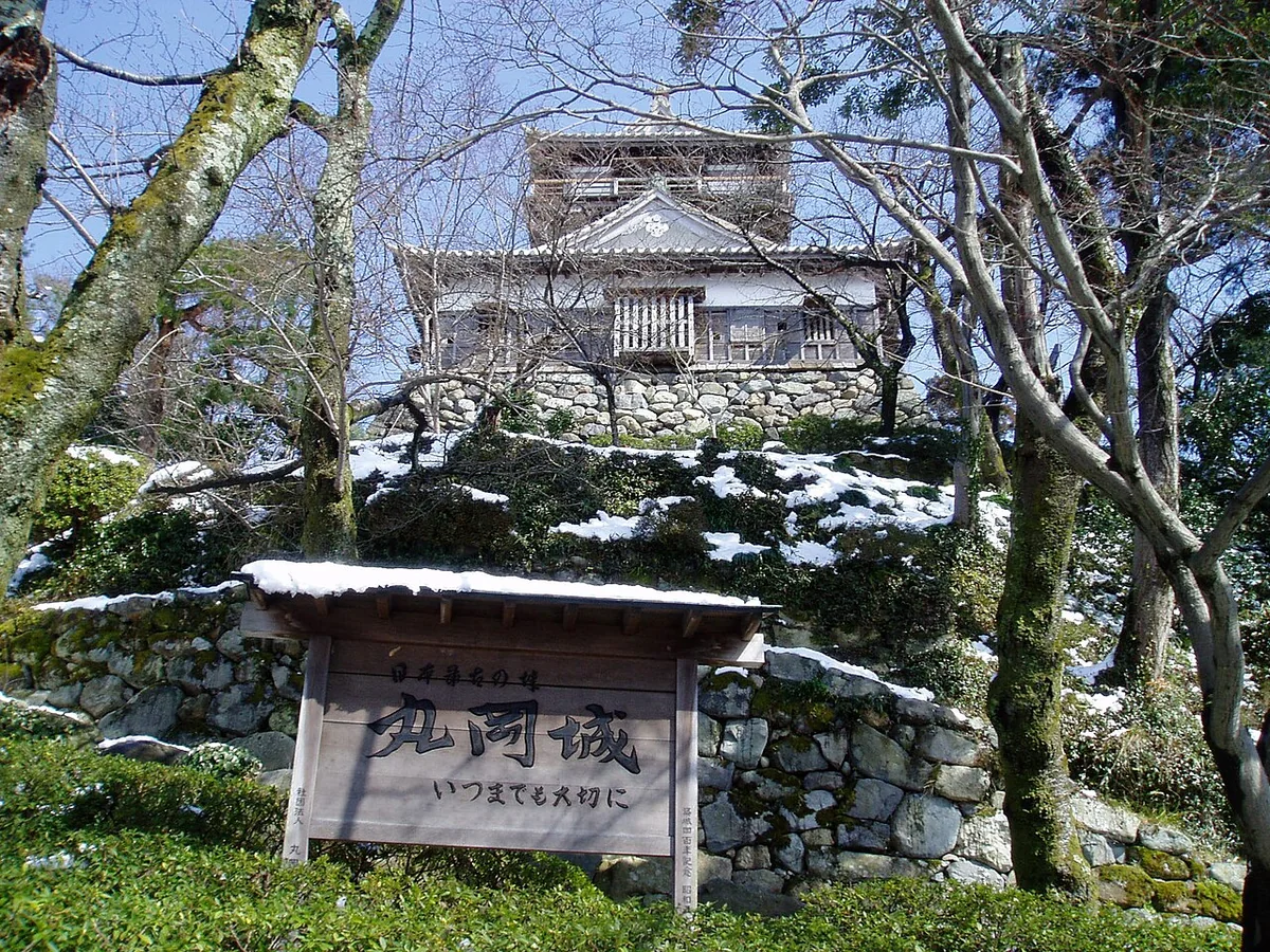 雪の残る丸岡城の天守と石段