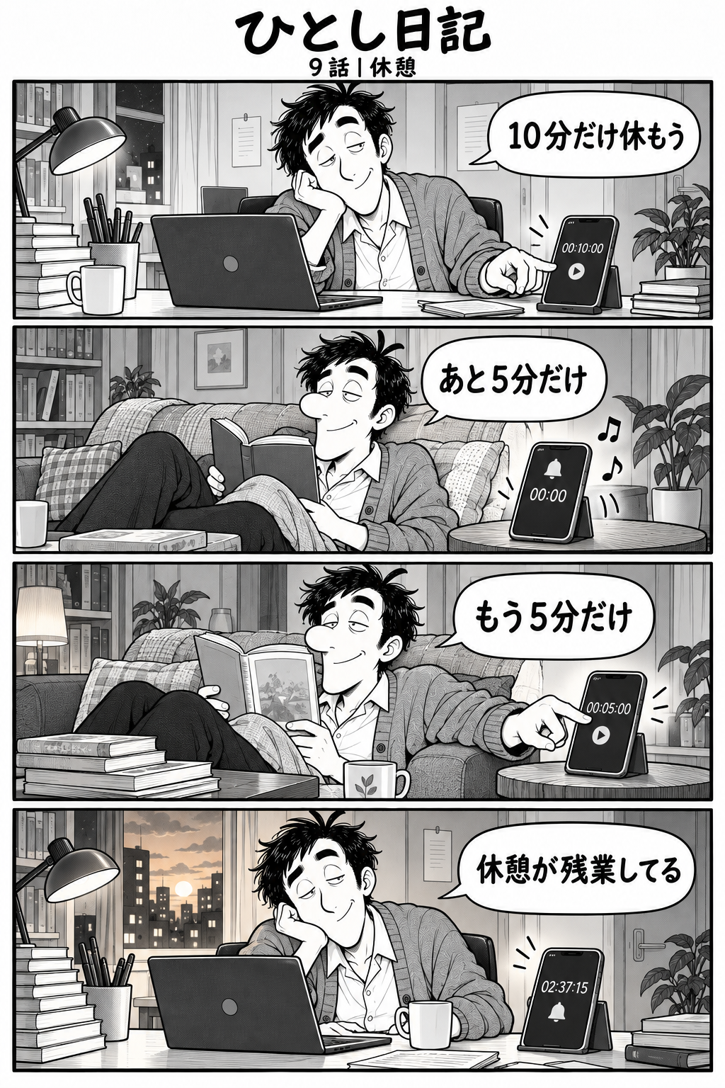第9話「休憩」全4コマ。机で仕事中のひとしがタイマーを設定。台詞：『10分だけ休もう』 ソファで本を読んでいる。タイマーが鳴る。台詞：『あと5分だけ』 別の本を読みながらまたタイマーを延長。台詞：『もう5分だけ』 夕方の窓、仕事の机はそのまま。ひとしがタイマーを見る。台詞：『休憩が残業してる』