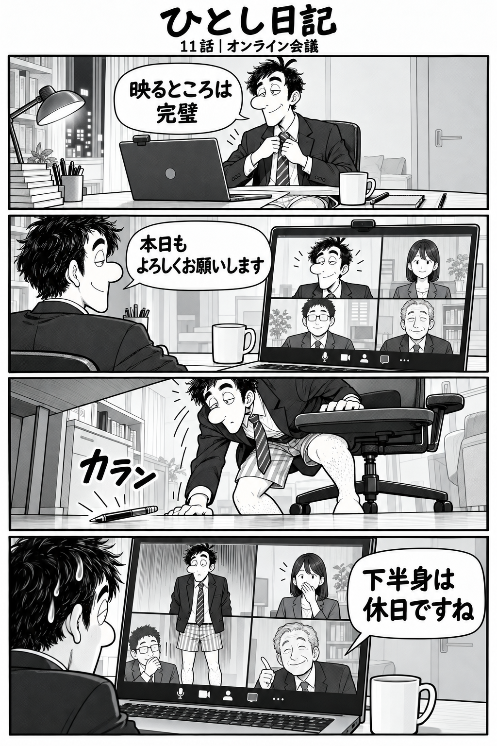 第11話「オンライン会議」全4コマ。自宅の机。ひとしは上半身スーツ、下は短パン。台詞：『映るところは完璧』 パソコン画面のビデオ会議。ひとしがきりっとしている。台詞：『本日もよろしくお願いします』 机の下へペンが落ち、ひとしが立ち上がる。効果音：『カラン』 画面に短パンまで映り、ひとしが固まる。画面外の相手の台詞：『下半身は休日ですね』