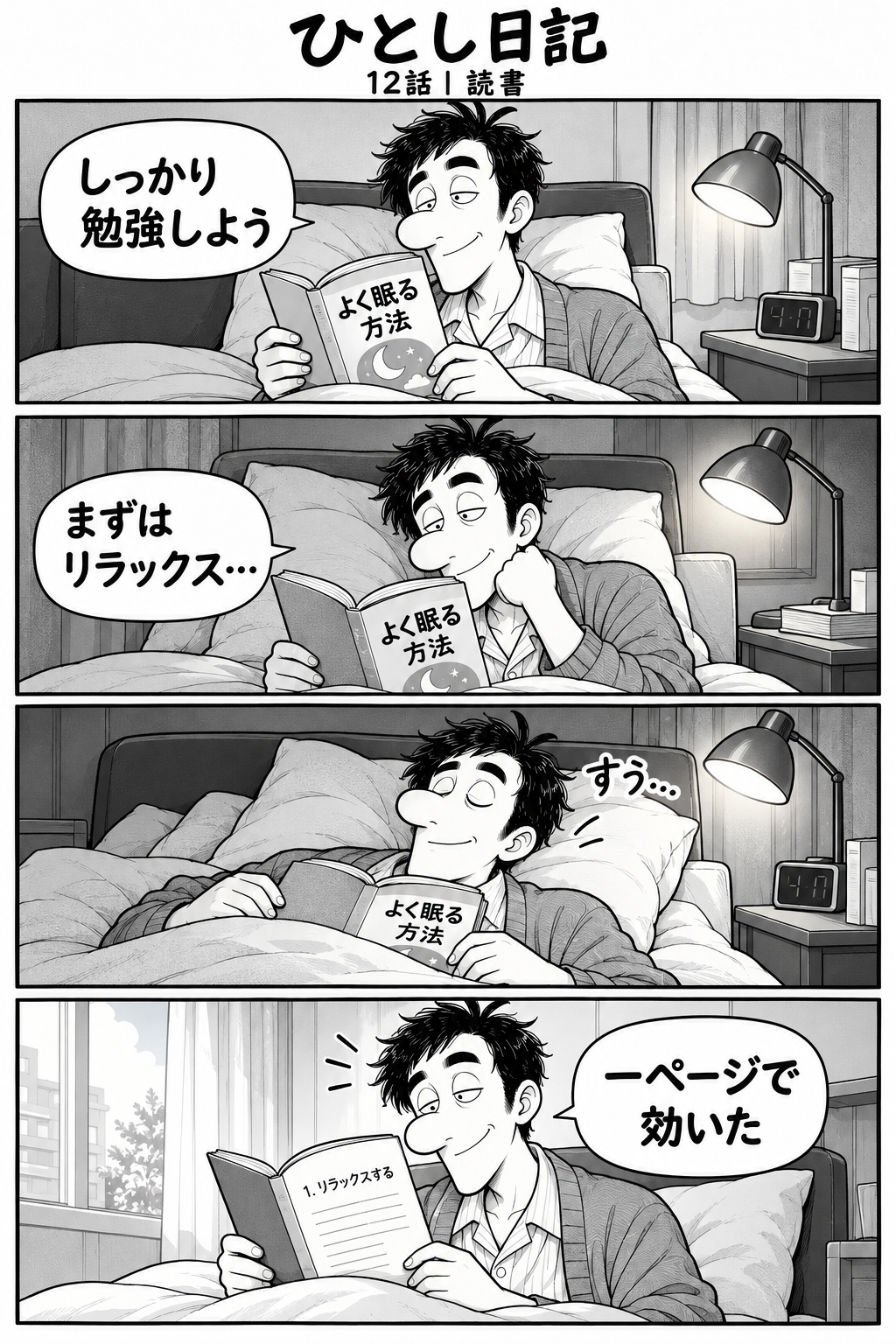 第12話「読書」全4コマ。ベッド横でひとしが本を持つ。本の表紙：『よく眠る方法』。台詞：『しっかり勉強しよう』 枕元の灯りの下で真剣に1ページ目を読む。台詞：『まずはリラックス…』 本を開いたままぐっすり眠るひとし。効果音：『すう…』 翌朝、開いた本の1ページ目を見て感心。台詞：『一ページで効いた』