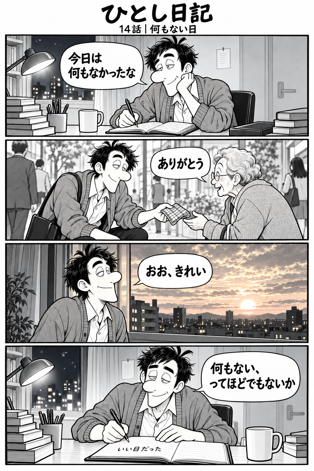 第14話「何もない日」全4コマ。夜、机で日記を開くひとし。台詞：『今日は何もなかったな』 昼の回想。落としたハンカチを拾って年配の人に渡す。相手の台詞：『ありがとう』 夕方の回想。窓からきれいな夕焼けを見上げ、ひとしが笑う。台詞：『おお、きれい』 夜の日記に『いい日だった』と書く、穏やかなひとし。台詞：『何もない、ってほどでもないか』