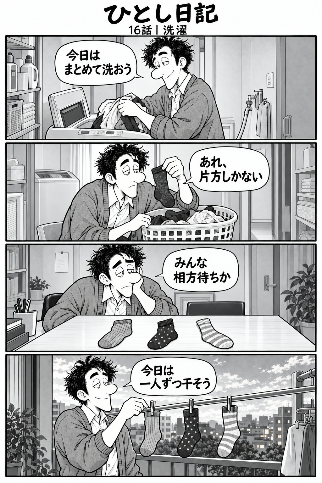 第16話「洗濯」全4コマ。1コマ目：朝、ひとしが洗濯機に服を入れる。「今日はまとめて洗おう」 2コマ目：洗濯が終わり、洗濯かごから靴下を一足ずつ取り出す。「あれ、片方しかない」 3コマ目：片方ずつの靴下三枚を机に並べ、困った顔。「みんな相方待ちか」 4コマ目：ベランダで片方の靴下三枚をそれぞれ別の洗濯ばさみで吊るす。ひとしが微笑む。「今日は一人ずつ干そう」