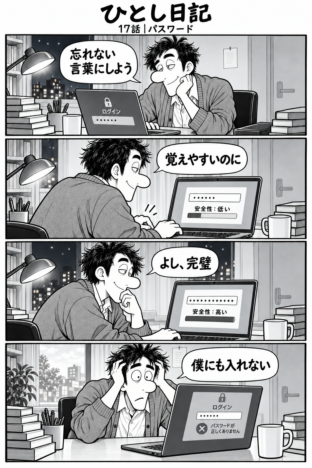 第17話「パスワード」全4コマ。1コマ目：机でパソコンのログイン画面を見るひとし。「忘れない言葉にしよう」 2コマ目：キーボードを打つ。画面に『安全性：低い』。ひとし「覚えやすいのに」 3コマ目：考え込みながら入力。画面に『安全性：高い』。ひとし「よし、完璧」 4コマ目：翌朝。ログインできず、目が点のひとし。「僕にも入れない」