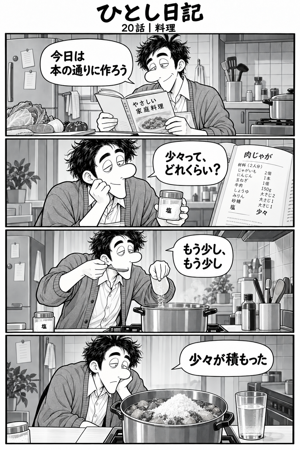 第20話「料理」全4コマ。1コマ目：台所で料理本を開くひとし。「今日は本の通りに作ろう」 2コマ目：小さな塩の容器とレシピを見て首をかしげる。レシピに『塩 少々』。「少々って、どれくらい？」 3コマ目：何度もほんの少しずつ塩を入れ、味見する。「もう少し、もう少し」 4コマ目：鍋を見て呆然とするひとし。隣に水の入ったコップ。「少々が積もった」