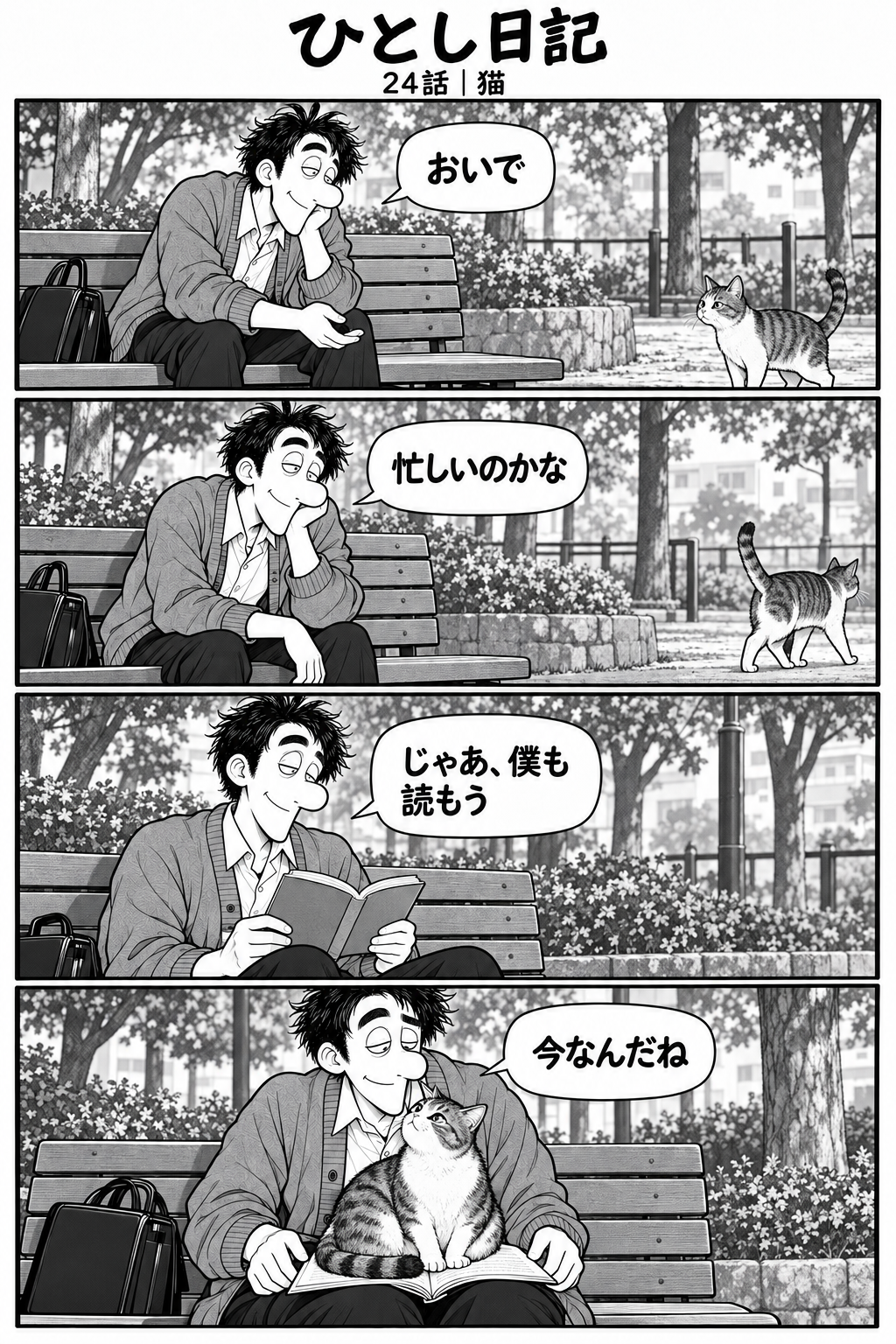 第24話「猫」全4コマ。1コマ目：公園のベンチにひとし。少し離れた猫を見る。「おいで」 2コマ目：猫がひとしを無視して歩き去る。「忙しいのかな」 3コマ目：ひとしが本を開き、読み始める。「じゃあ、僕も読もう」 4コマ目：猫が開いた本の上に座り、ひとしを見上げる。ひとしが苦笑。「今なんだね」