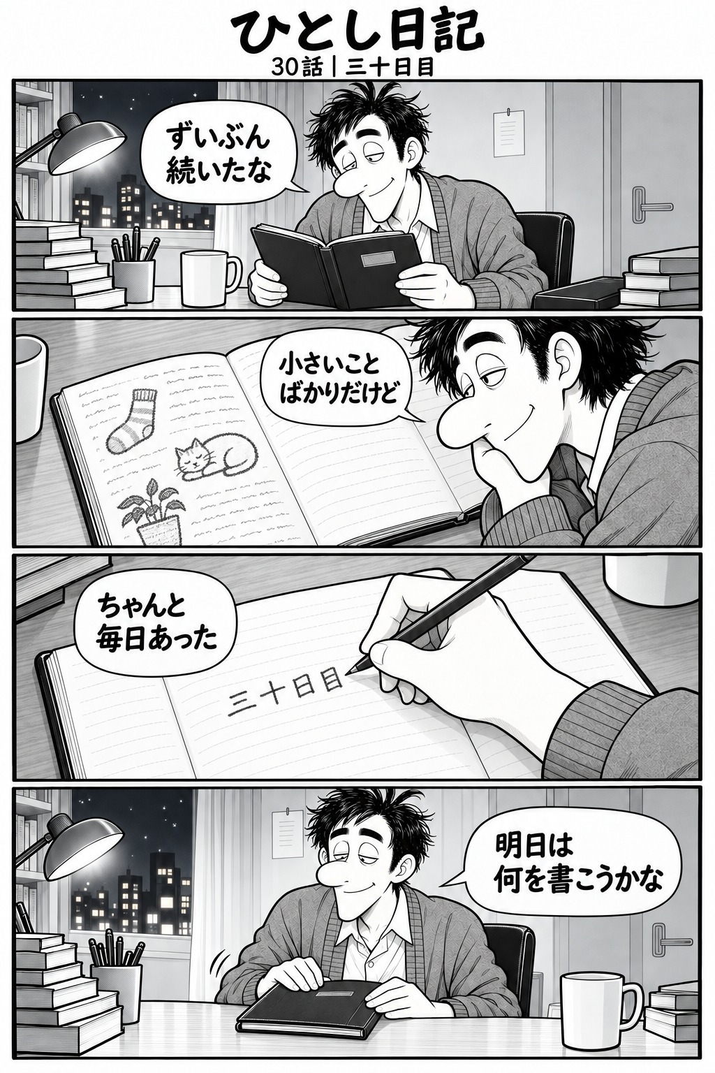 第30話「三十日目」全4コマ。1コマ目：夜、机で日記をめくるひとし。「ずいぶん続いたな」 2コマ目：日記に靴下、猫、鉢植えの小さな落書き。ひとしがページを見て微笑む。「小さいことばかりだけど」 3コマ目：新しいページに鉛筆で『三十日目』と書く。「ちゃんと毎日あった」 4コマ目：書き終えた日記を閉じてひとしが満足そうに笑う。「明日は何を書こうかな」