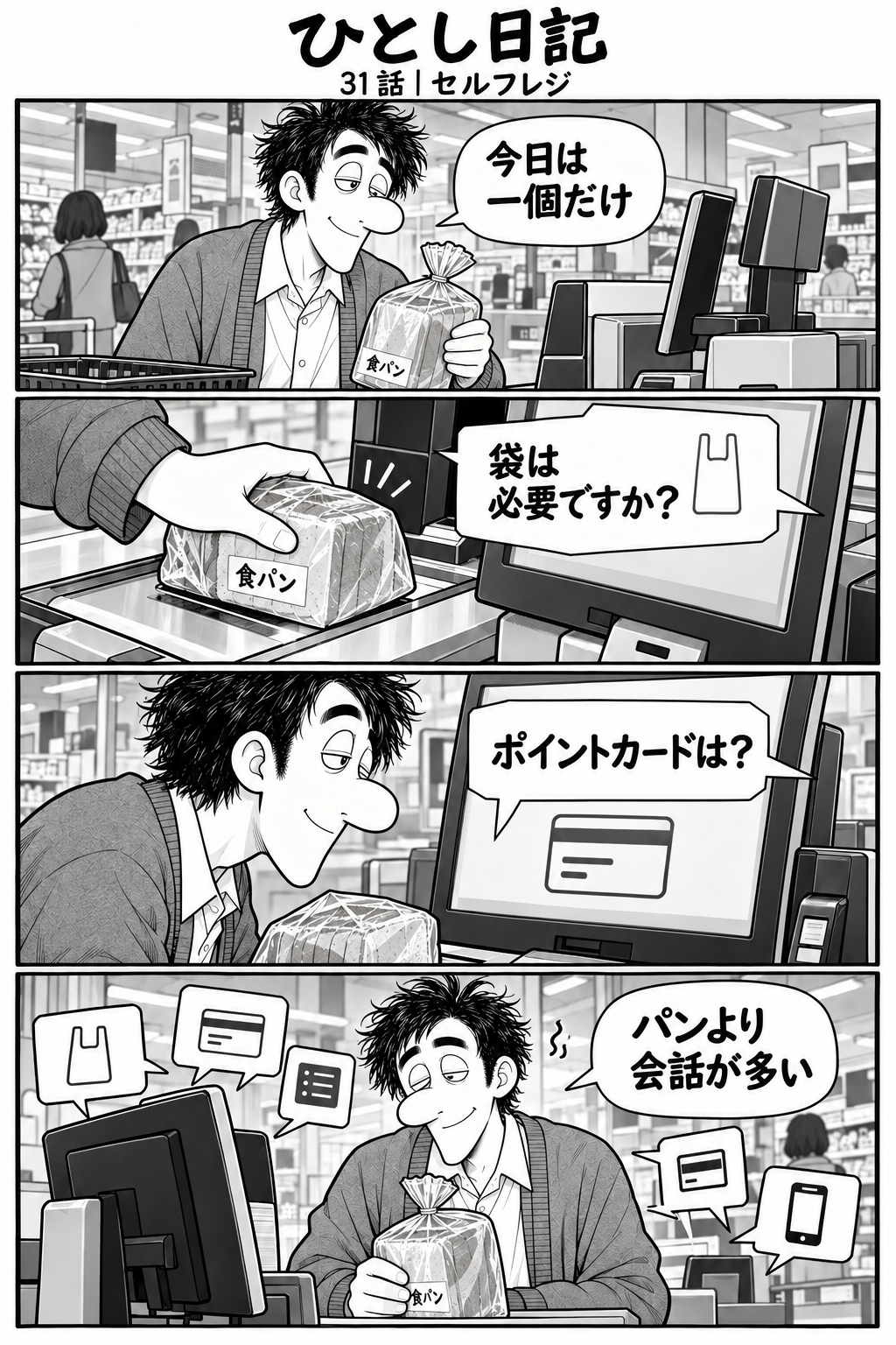 第31話「セルフレジ」全4コマ。一個のパンを買うひとし。レジの袋とポイントカードの質問が続き、「パンより会話が多い」と苦笑する。