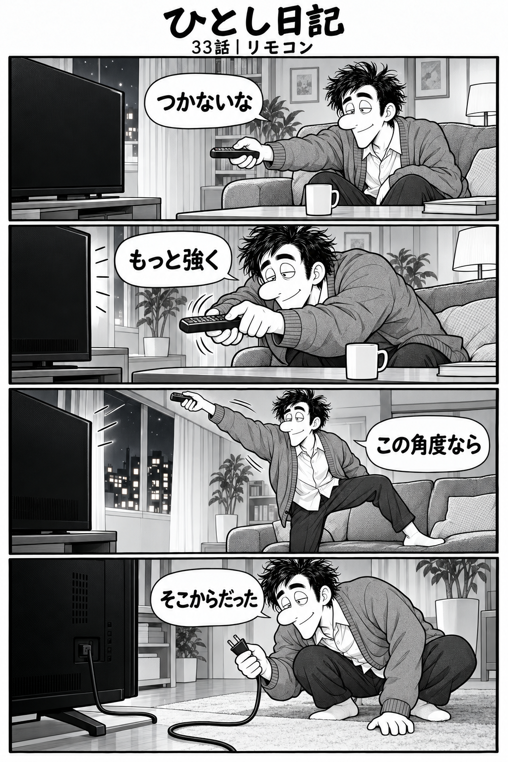 第33話「リモコン」全4コマ。テレビがつかず、ボタンを強く押し、奇妙な角度でリモコンを向けるひとし。抜けた電源プラグを見つけ「そこからだった」と気づく。