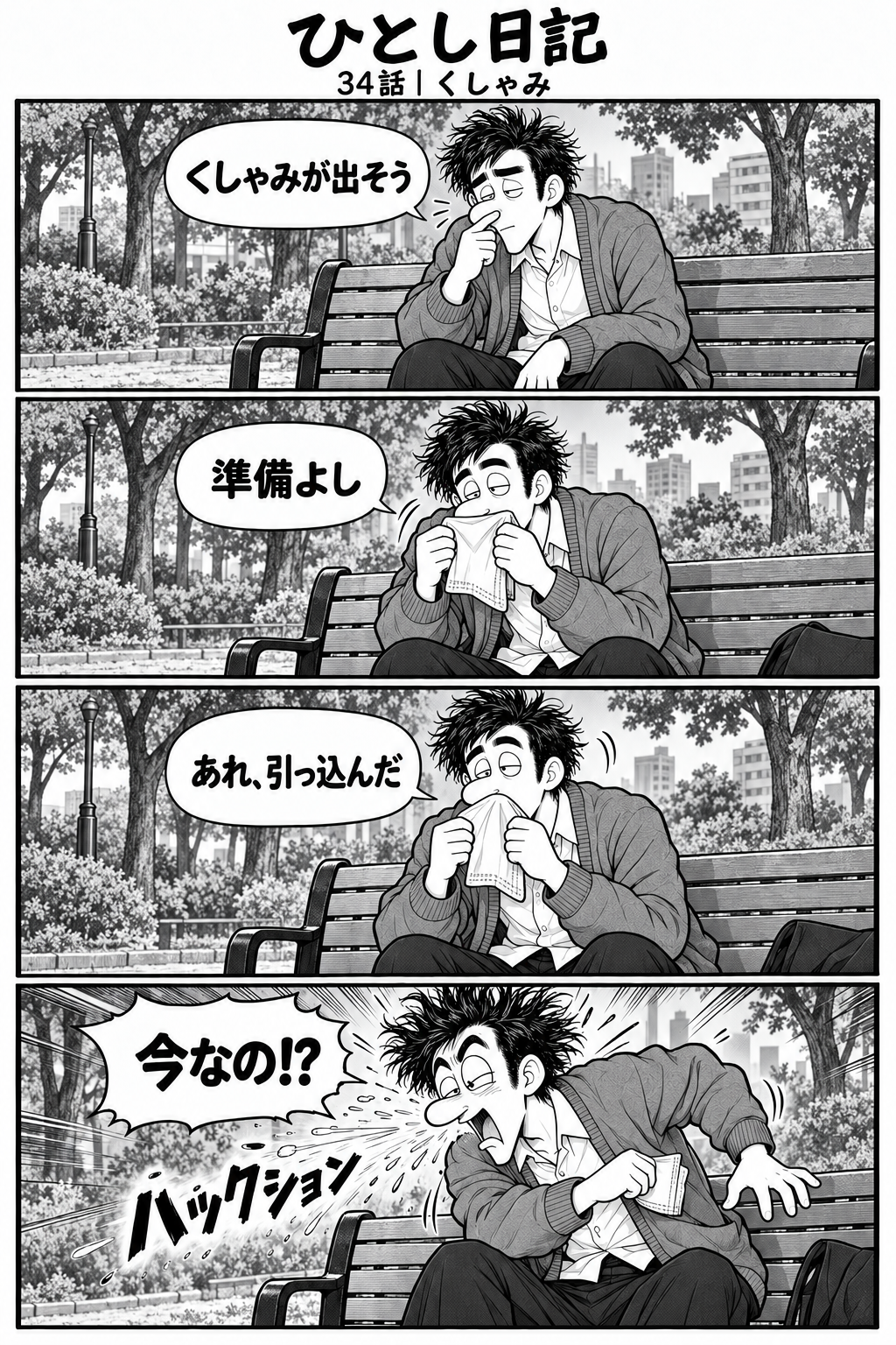 第34話「くしゃみ」全4コマ。公園でくしゃみに備えたひとし。ハンカチを構えると引っ込み、片づけた瞬間にくしゃみが出る。