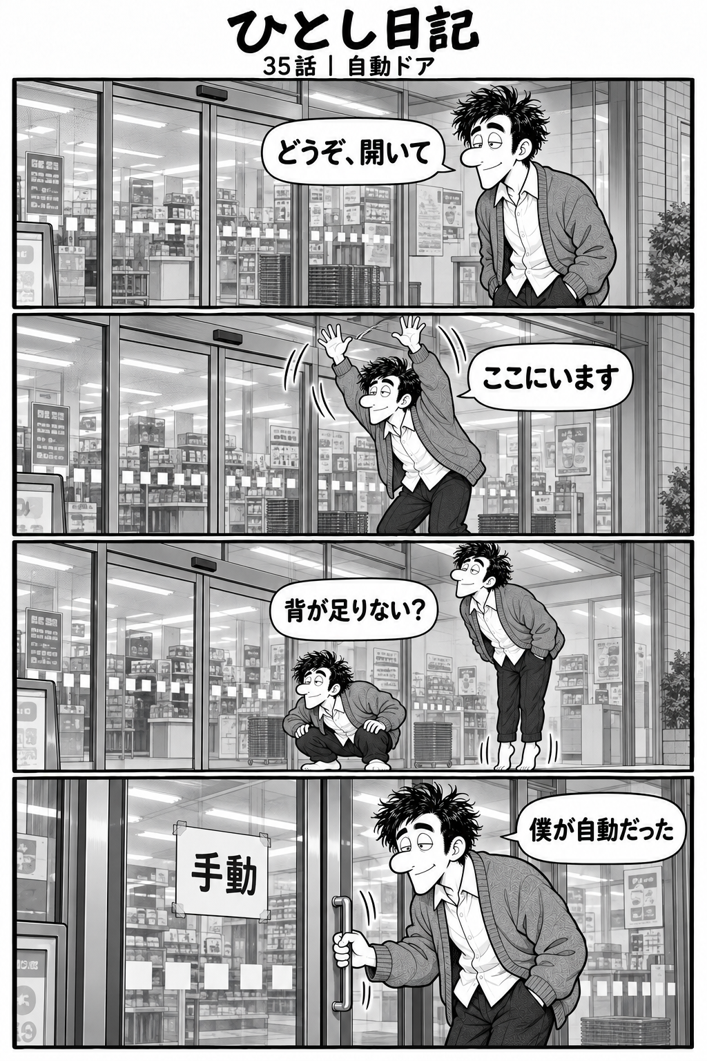 第35話「自動ドア」全4コマ。自動ドアだと思い込み、手を振ったり背伸びしたりするひとし。最後に「手動」の貼り紙を見つけ、自分でドアを開ける。