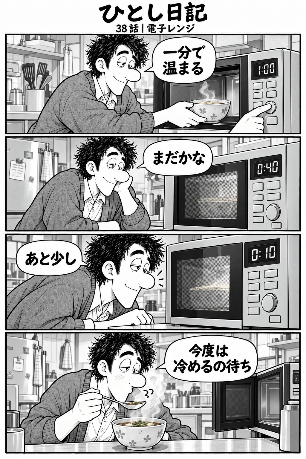 第38話「電子レンジ」全4コマ。一分の温め時間を待ちわびる。温まったら熱すぎて冷めるのを待つ。1コマ目：スープをレンジで一分温める。「一分で温まる」 2コマ目：残り40秒を待つ。「まだかな」 3コマ目：残り10秒を待つ。「あと少し」 4コマ目：熱いスープを吹いて冷ます。「今度は冷めるの待ち」