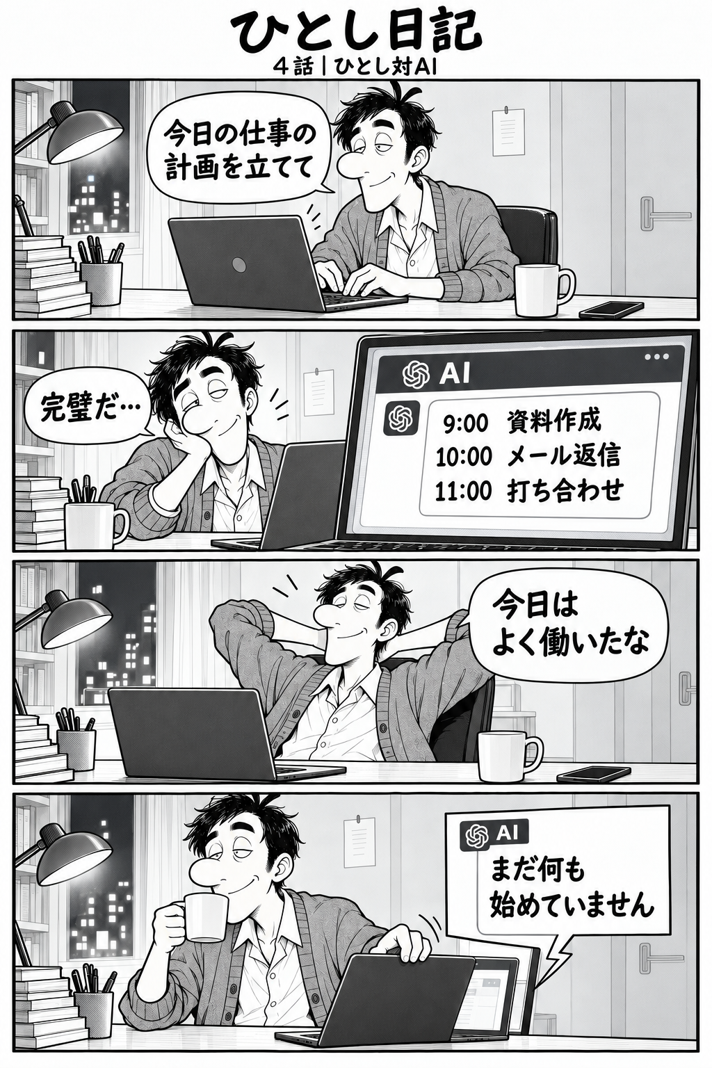 第4話「ひとし対AI」全4コマ。AIが9時の資料作成、10時のメール返信、11時の打ち合わせを計画し、満足したひとしが「今日はよく働いたな」と言うと、AIは「まだ何も始めていません」と返す。