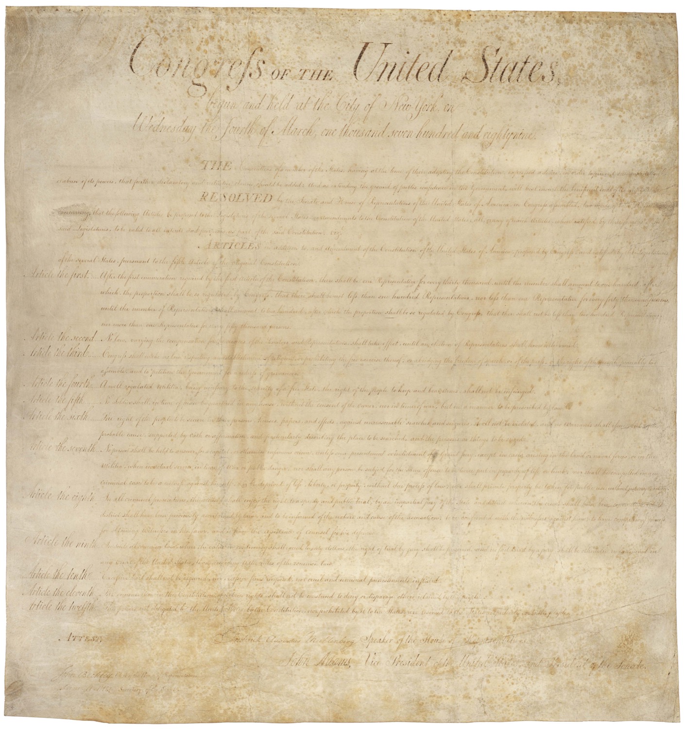 1789年9月25日に議会が提案した十二か条の修正案を記す権利章典原本