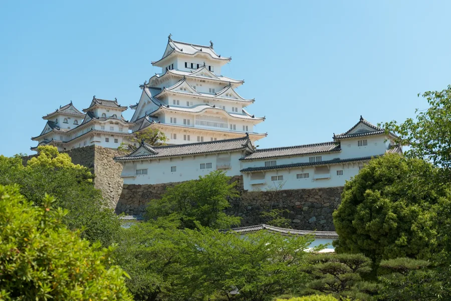 青空の下、緑と石垣の上に白い姫路城の天守が幾重もの屋根を重ねる。