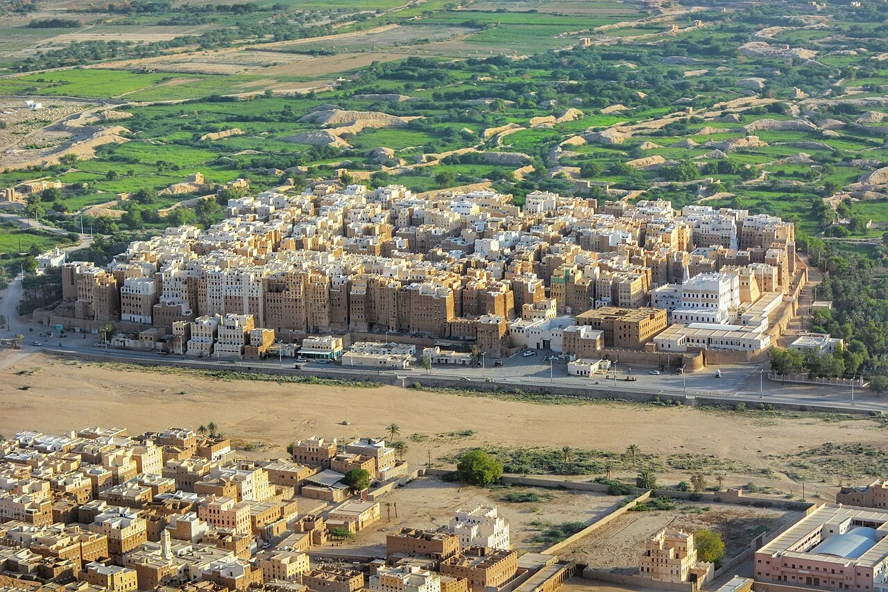 砂地と緑の間に、白い上階を持つ日干し煉瓦の高層住宅が密集するシバーム。